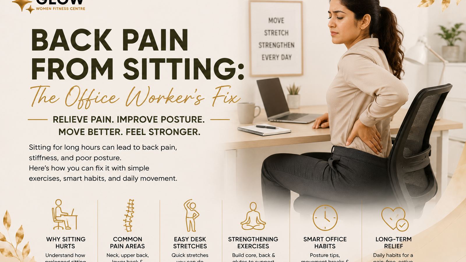 Woman doing back-relief stretches at home after work