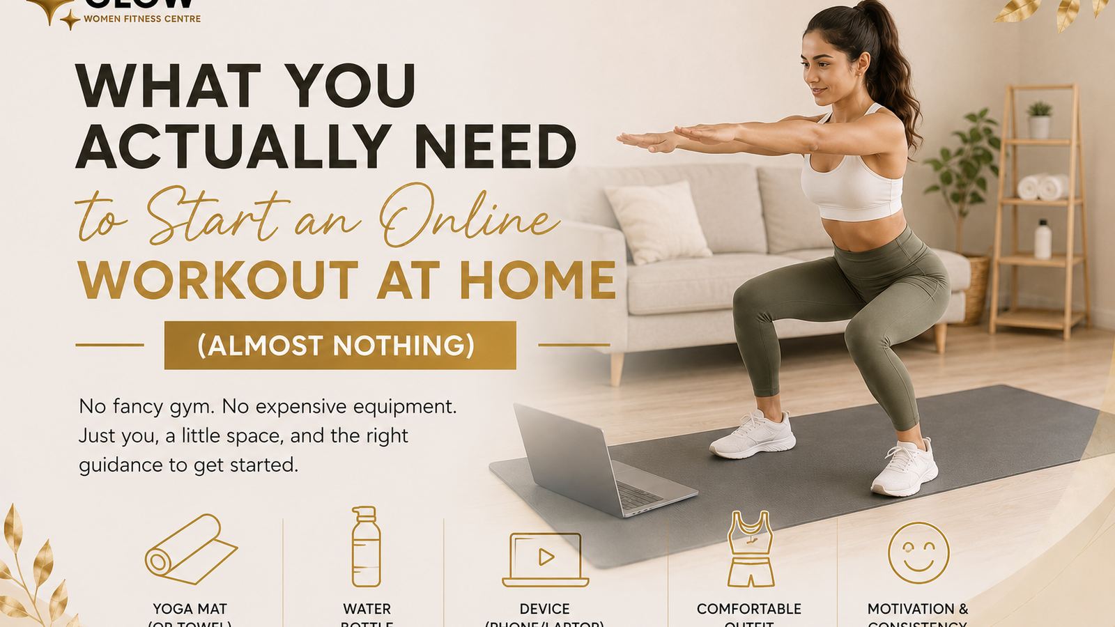 Minimal home workout setup — mat, dumbbells, resistance band