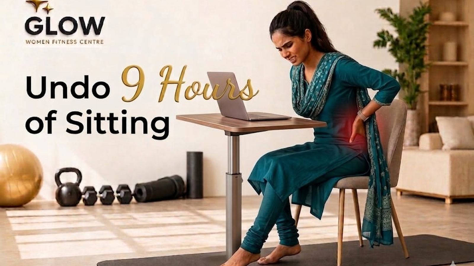 Woman doing desk-break stretches during work-from-home day