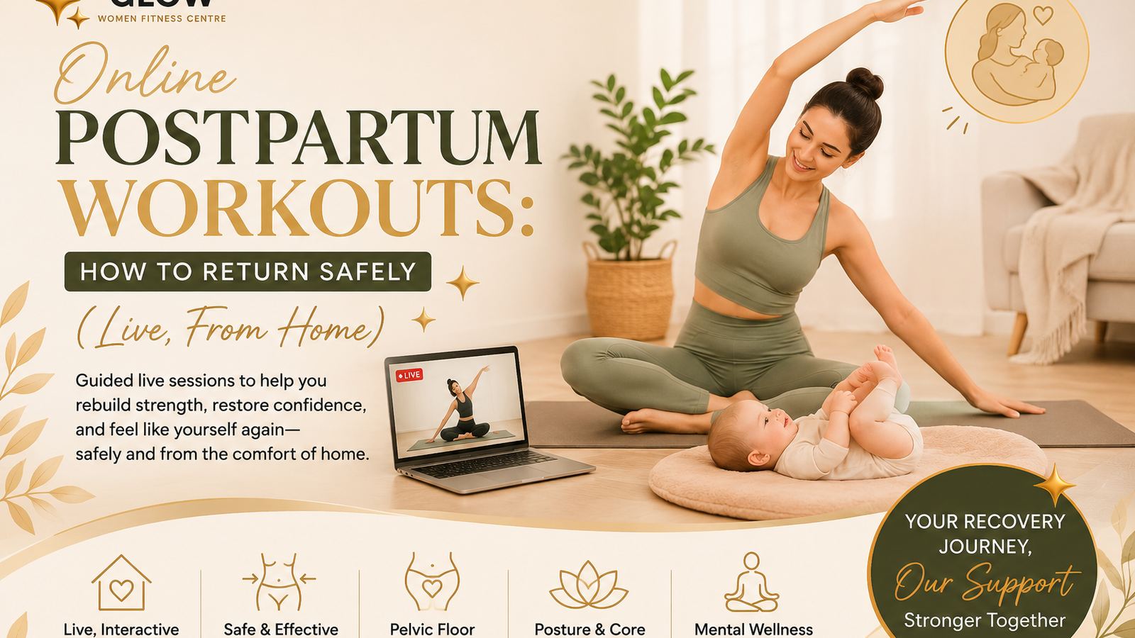 New mom doing a gentle online postpartum workout at home
