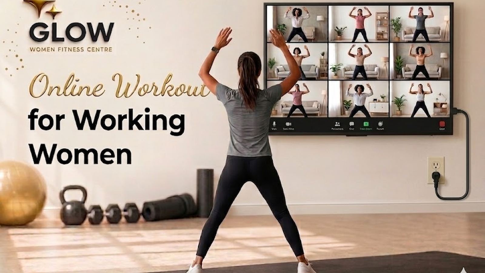 Working woman doing a live online workout before work
