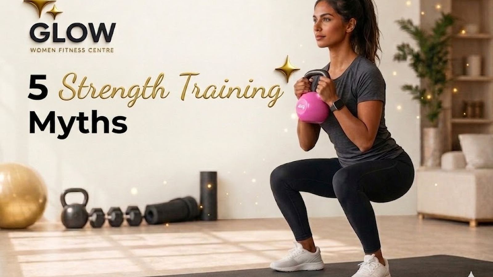 Woman doing strength training with dumbbells at home